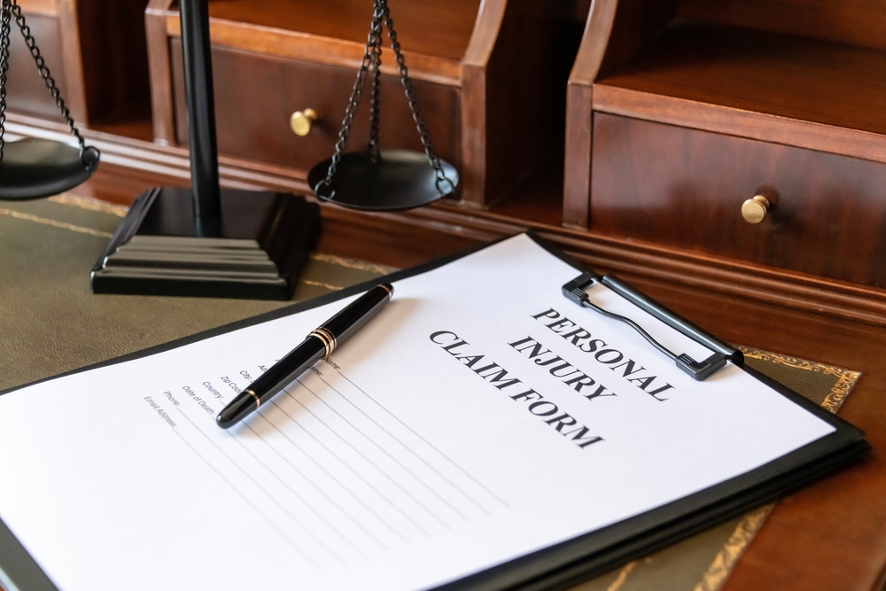 A personal injury claim form with a pen and legal scales on a lawyer’s desk in Reno, Nevada.